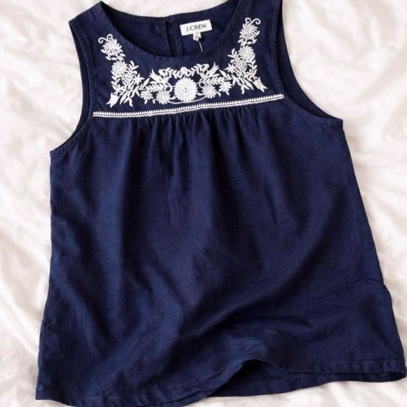 J. Crew Tops - J.Crew Linen Embroidered Tank Navy Boho Coastal Top Size 6 NWOT